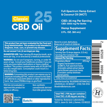 Classic CBD Oil - Extra Strength (25mg/Serving) 2 oz. Supplement Facts Bluebird Botanicals